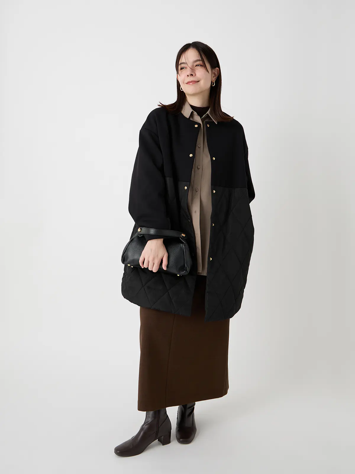 WEB限定/ノーカラーコート/ダンホールニット×キルティング/無地 ブラック 38(9号)
