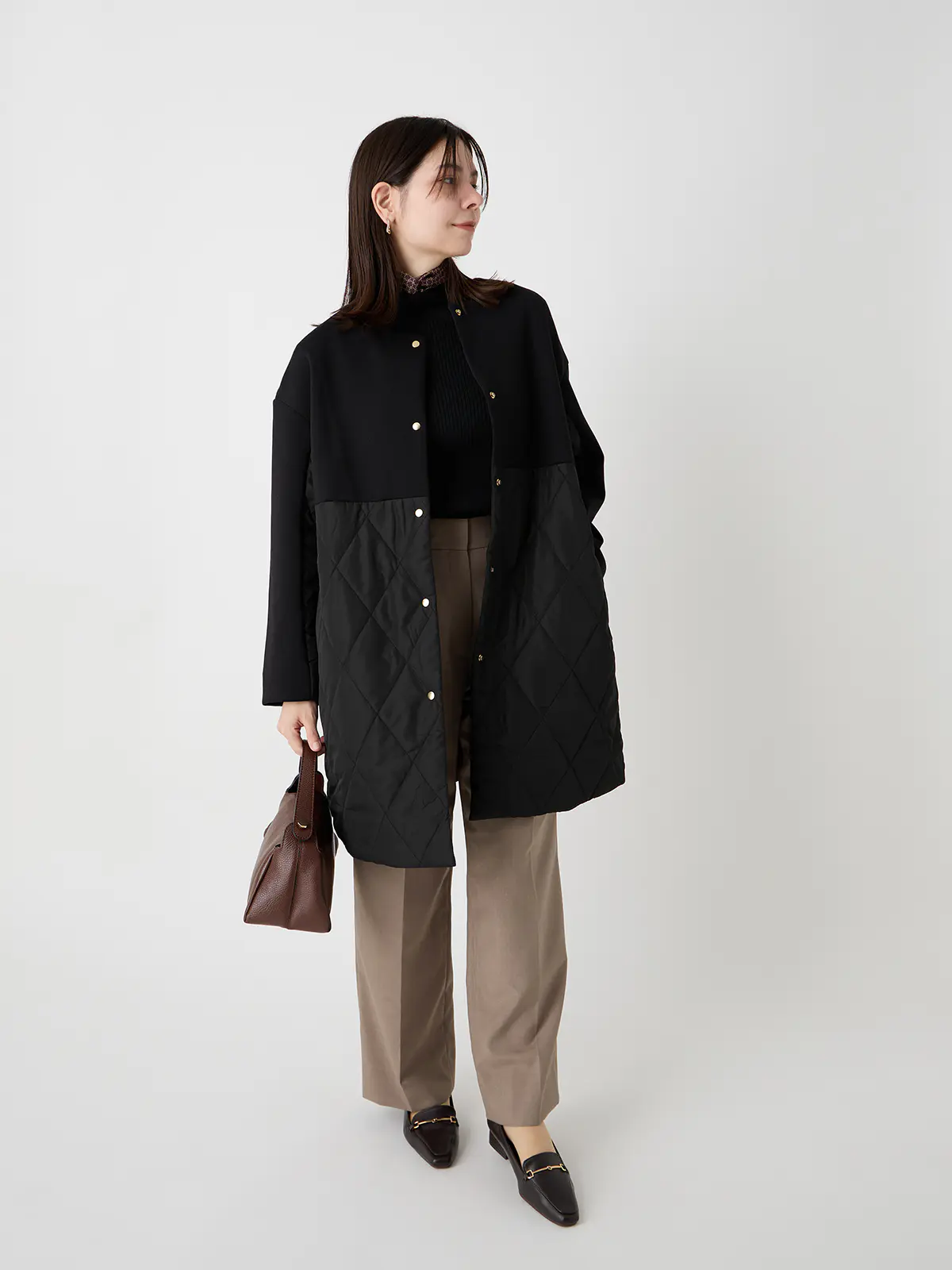 WEB限定/ノーカラーコート/ダンホールニット×キルティング/無地 ブラック 38(9号)