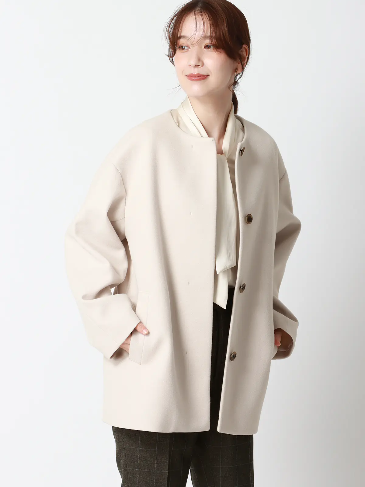 CHANTOWA／ウールライクノーカラーコート／ジャージーメルトン／無地 ホワイト 36(7号）