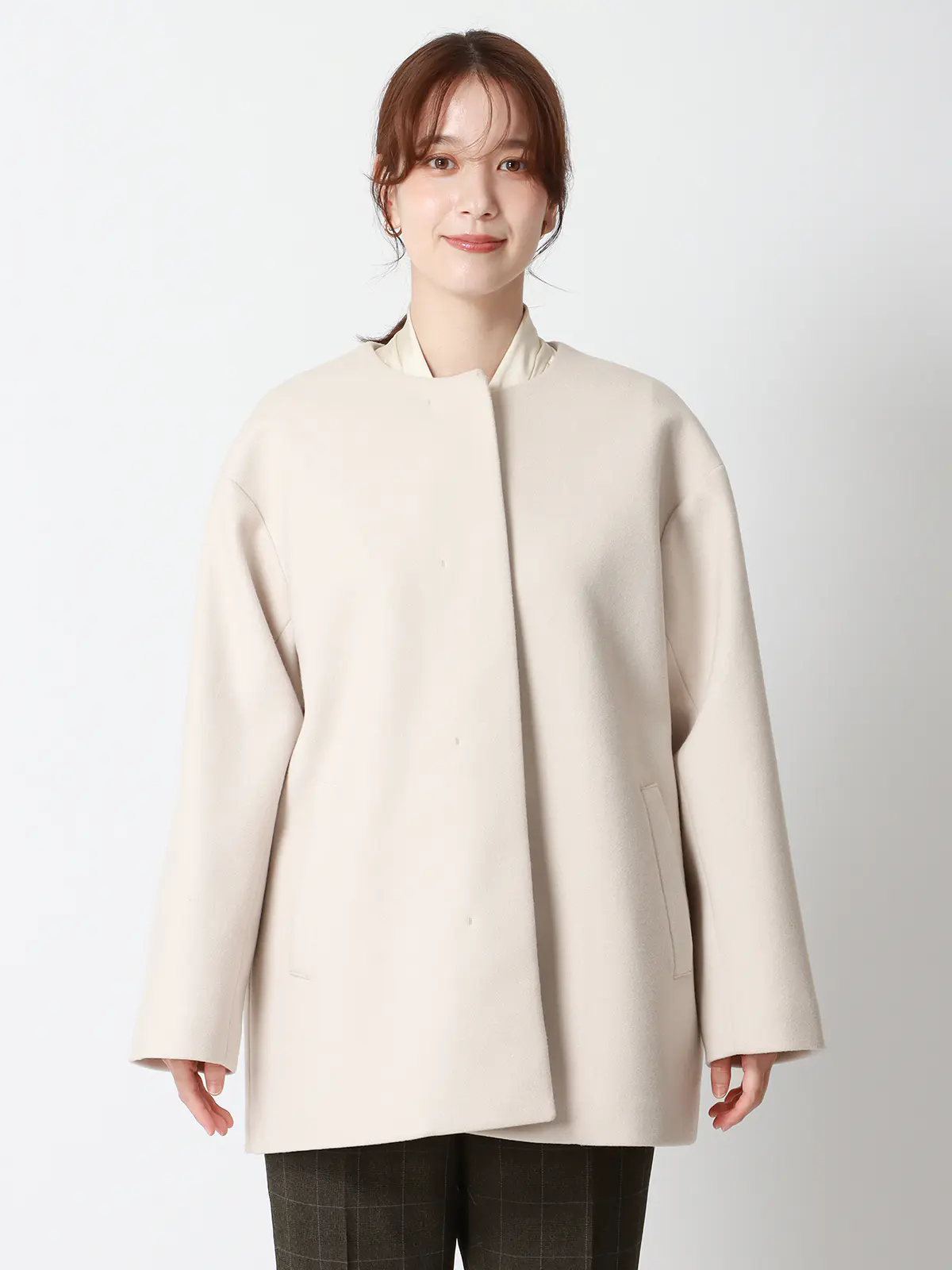 CHANTOWA／ウールライクノーカラーコート／ジャージーメルトン／無地 ホワイト 36(7号）