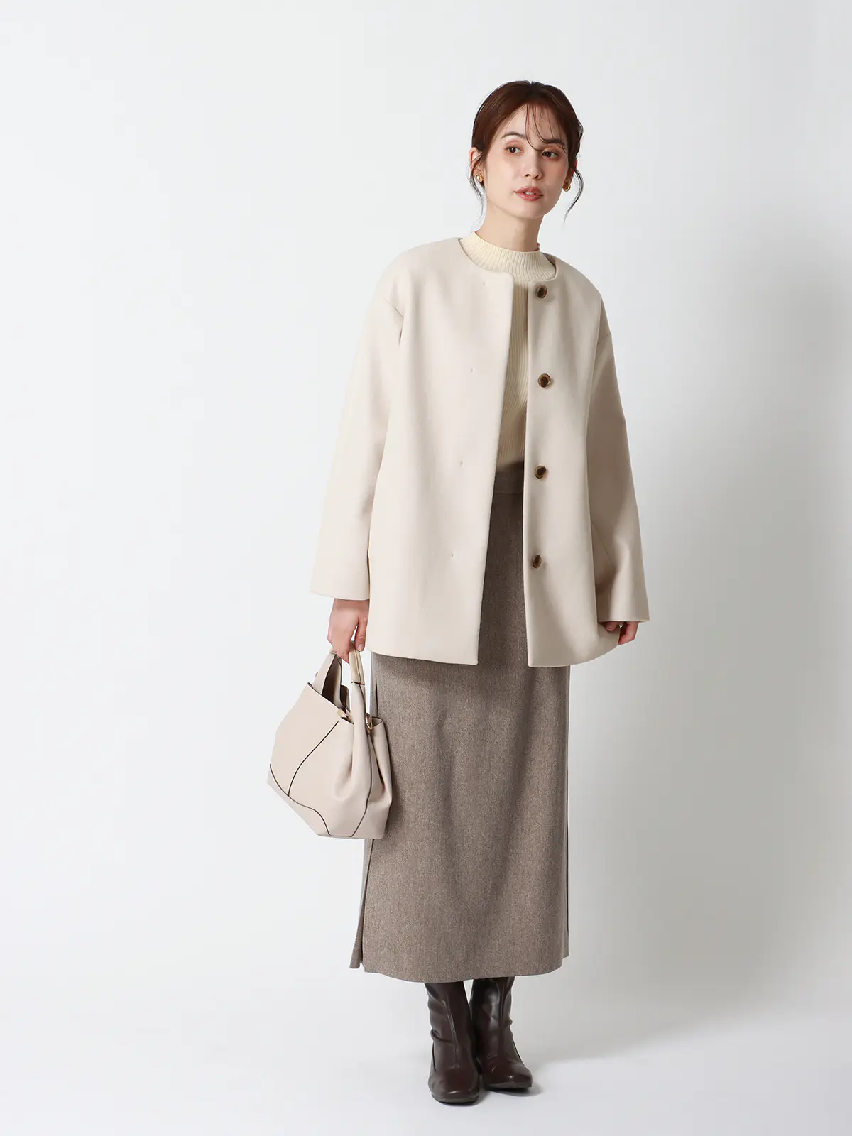 CHANTOWA／ウールライクノーカラーコート／ジャージーメルトン／無地 ホワイト 36(7号）