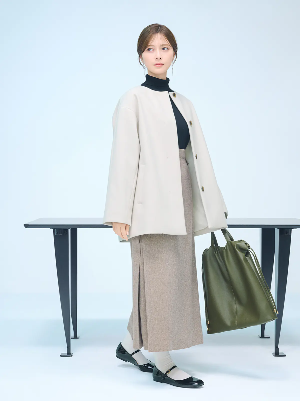 CHANTOWA／ウールライクノーカラーコート／ジャージーメルトン／無地 ホワイト 36(7号）