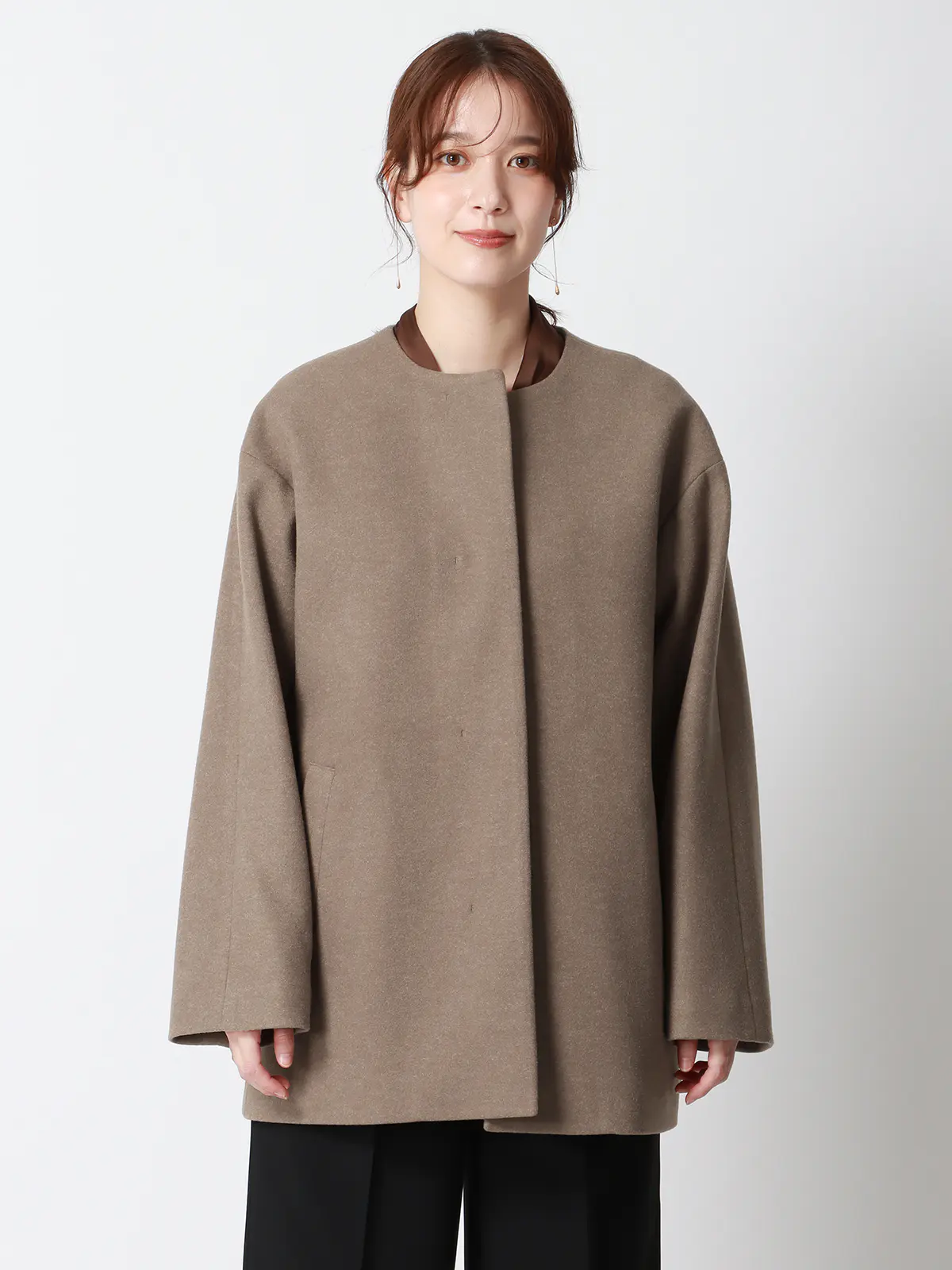 CHANTOWA／ウールライクノーカラーコート／ジャージーメルトン／無地 ブラウン 36(7号）