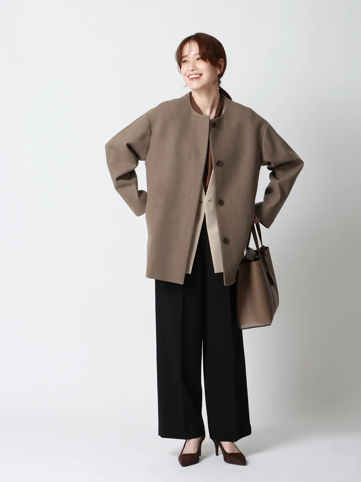 CHANTOWA／ウールライクノーカラーコート／ジャージーメルトン／無地 ブラウン 36(7号）