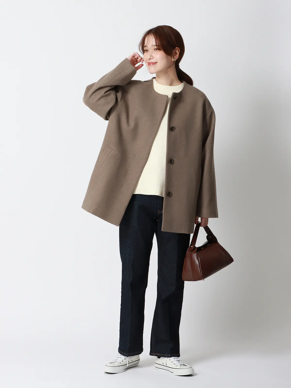 CHANTOWA／ウールライクノーカラーコート／ジャージーメルトン／無地 ブラウン 36(7号）