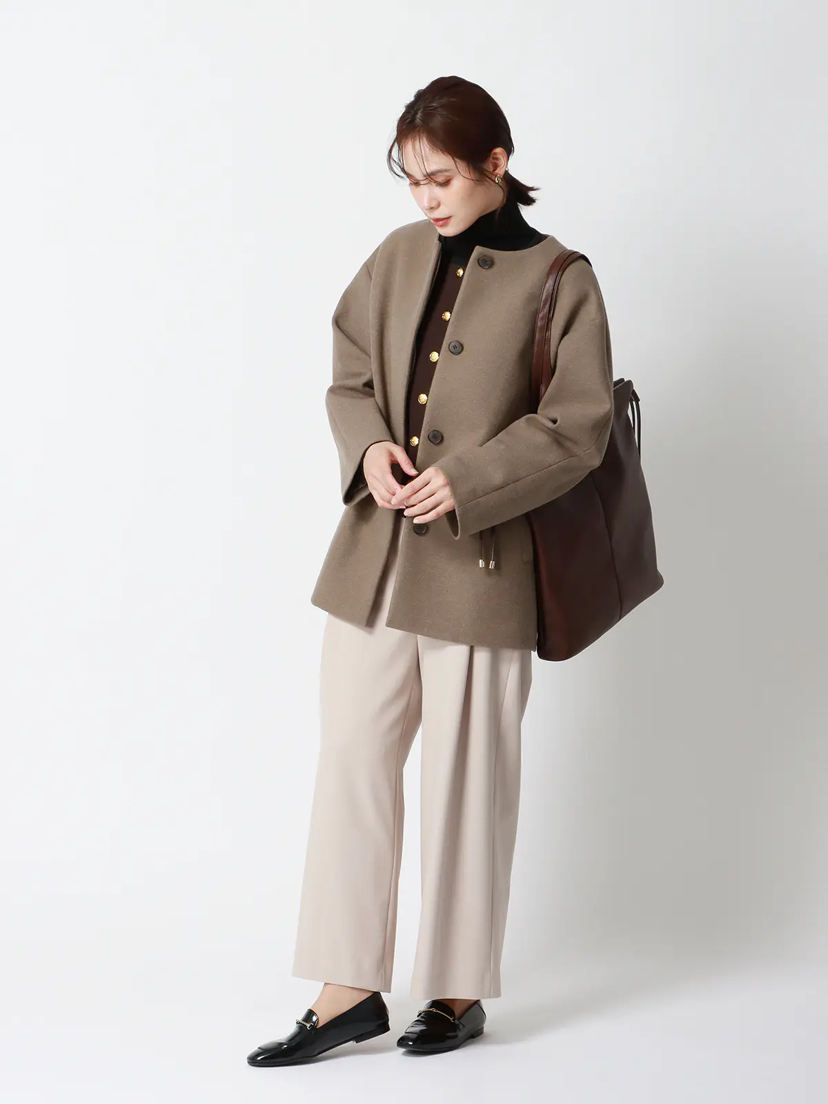 CHANTOWA／ウールライクノーカラーコート／ジャージーメルトン／無地 ブラウン 36(7号）