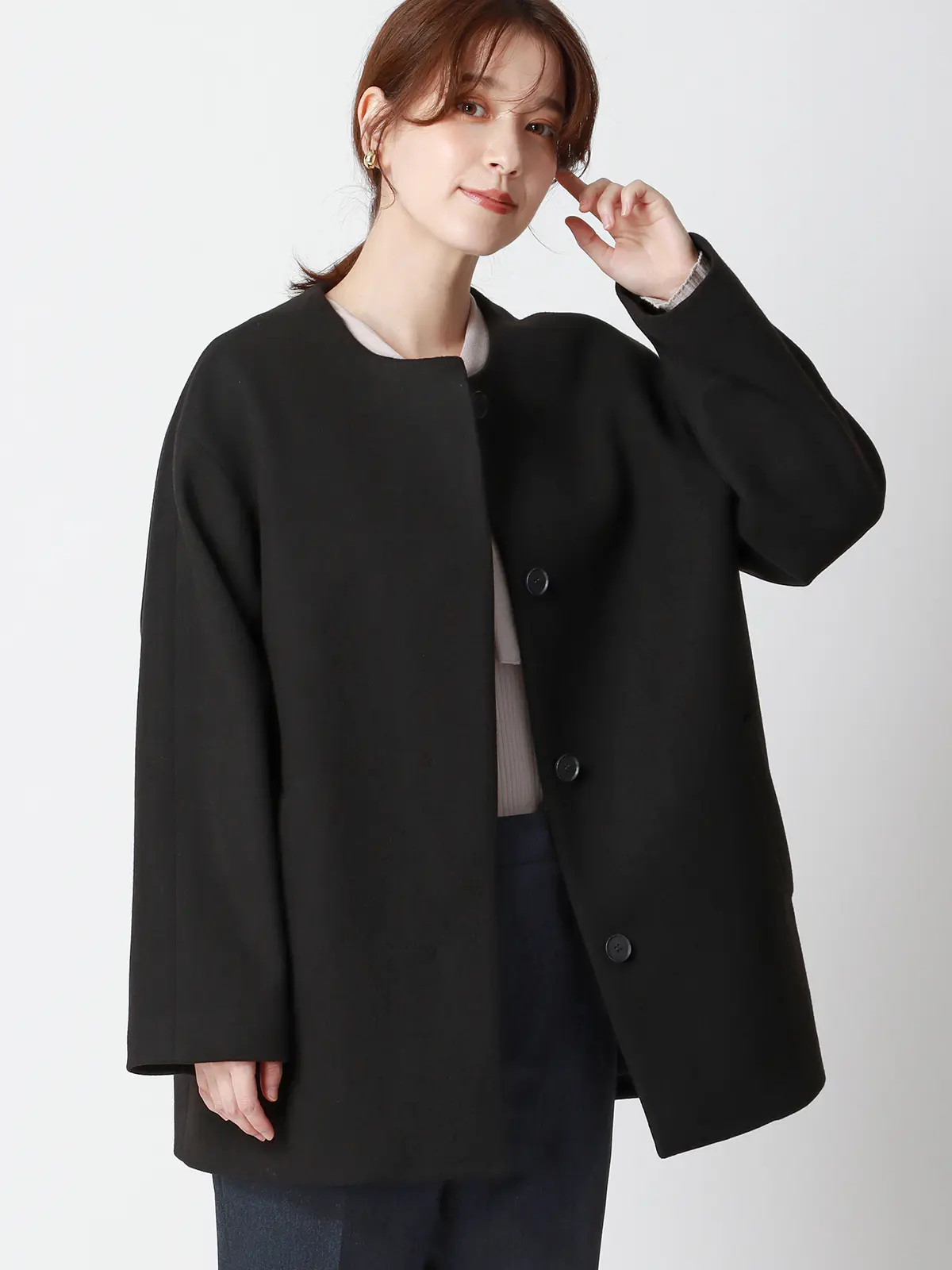 CHANTOWA／ウールライクノーカラーコート／ジャージーメルトン／無地 ブラック 36(7号）