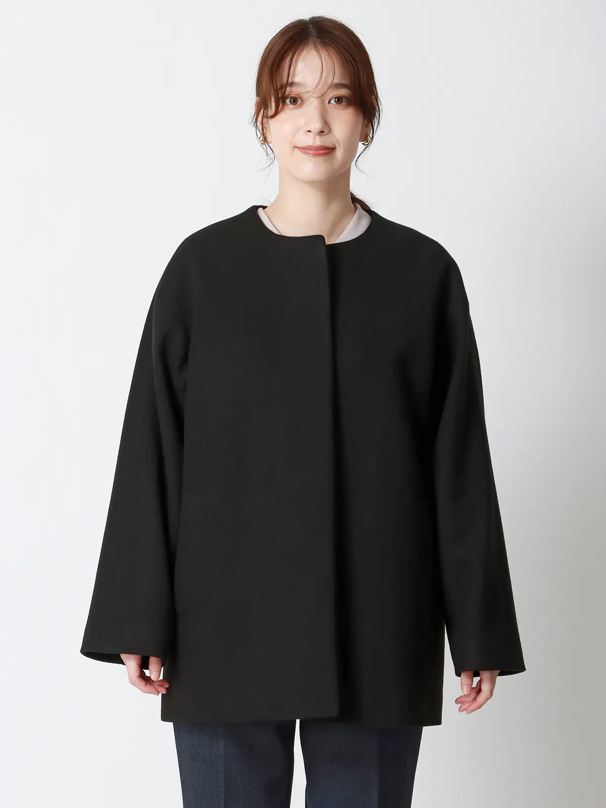 CHANTOWA／ウールライクノーカラーコート／ジャージーメルトン／無地 ブラック 36(7号）