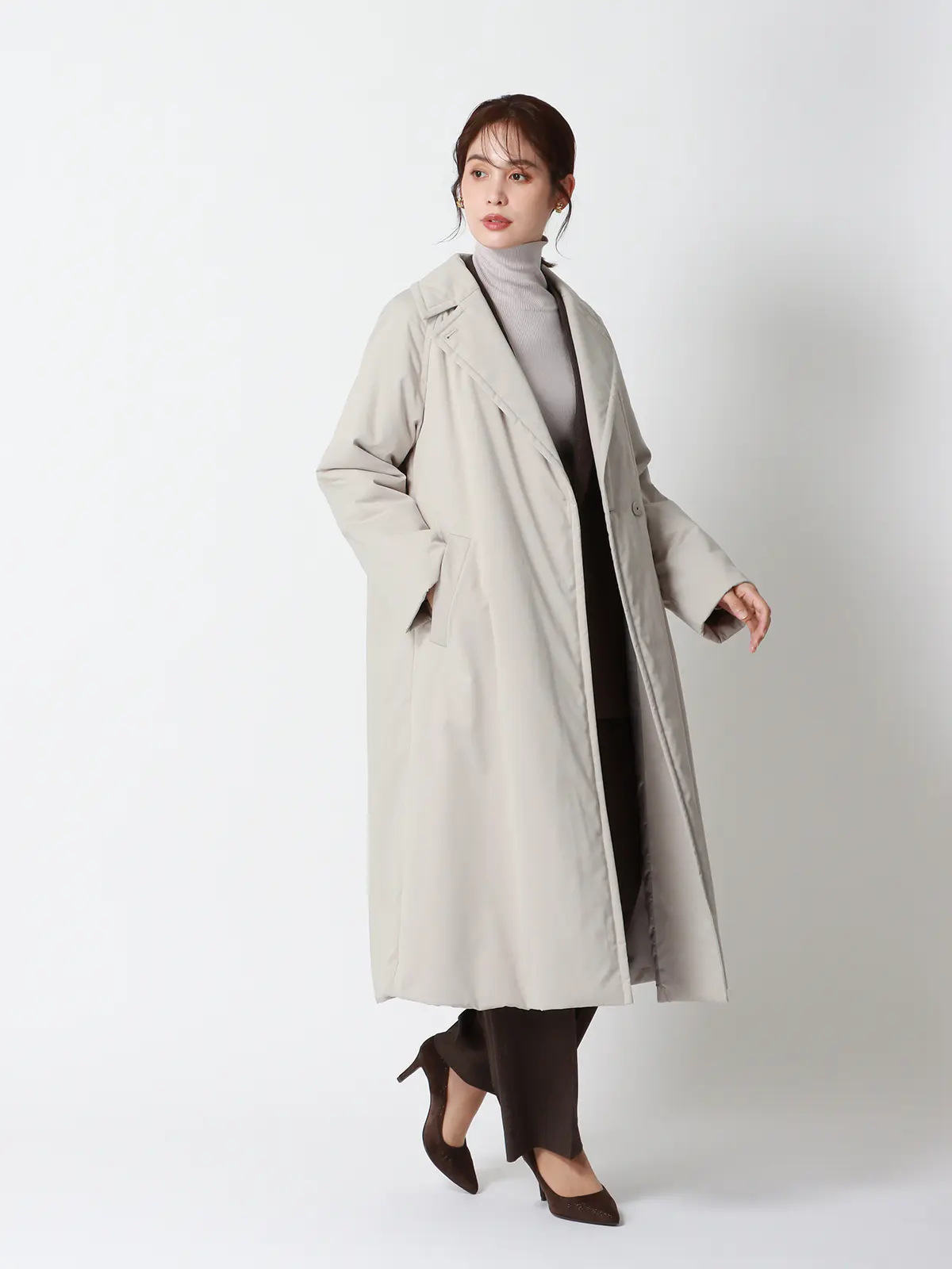 中綿ロングコート/マットポリエステル/無地 グレージュ 36(7号)