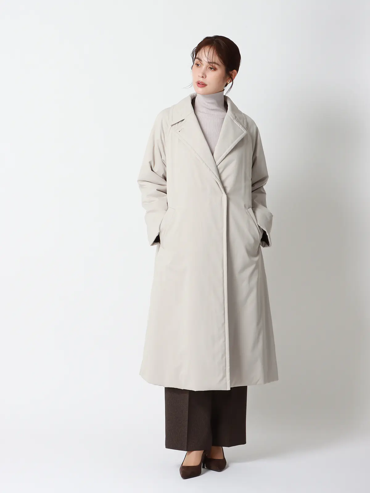 中綿ロングコート/マットポリエステル/無地 グレージュ 36(7号)