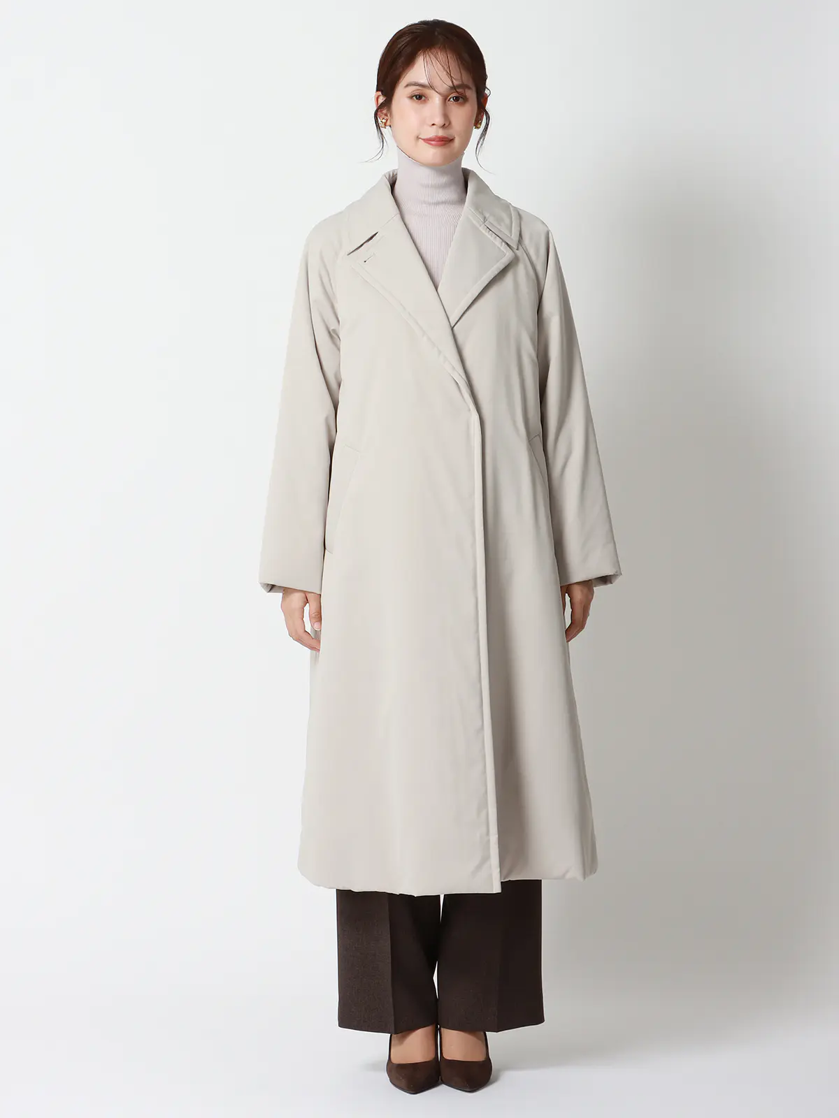 中綿ロングコート/マットポリエステル/無地 グレージュ 36(7号)