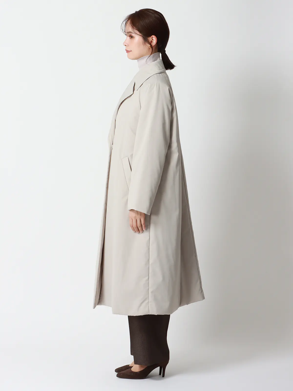 中綿ロングコート/マットポリエステル/無地 グレージュ 36(7号)