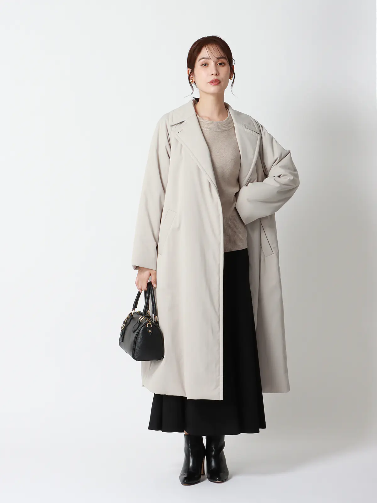 中綿ロングコート/マットポリエステル/無地 グレージュ 36(7号)