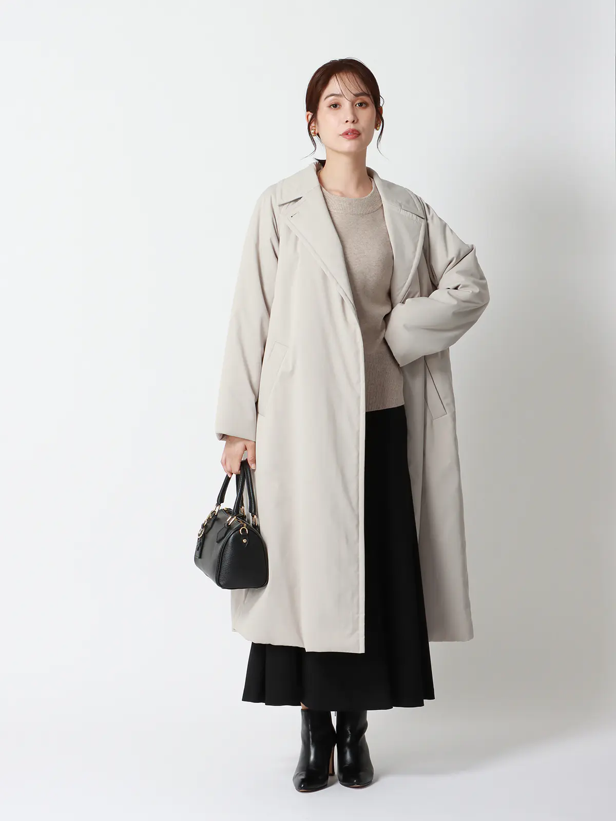 中綿ロングコート／マットポリエステル／無地 グレージュ 36(7号）