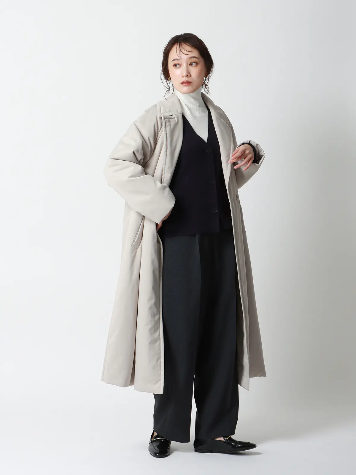 中綿ロングコート／マットポリエステル／無地 グレージュ 36(7号）