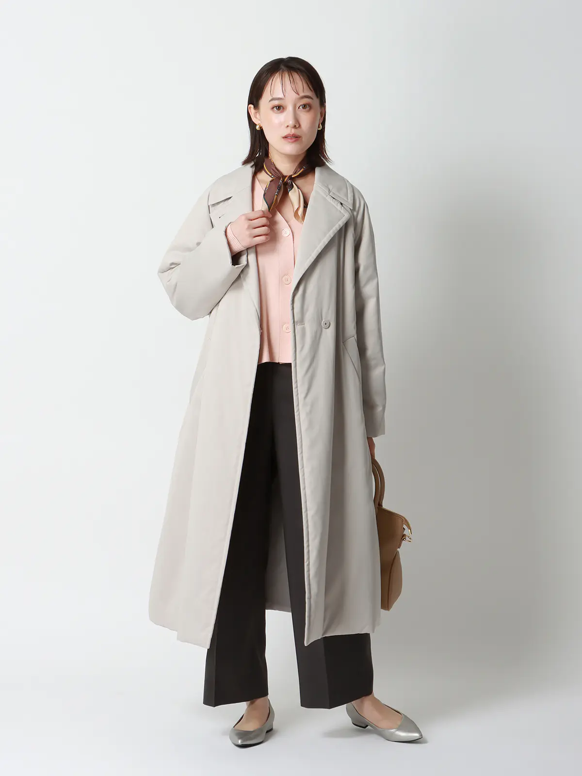 中綿ロングコート／マットポリエステル／無地 グレージュ 36(7号）