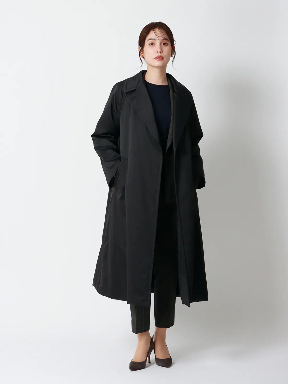 中綿ロングコート／マットポリエステル／無地 ブラック 36(7号）