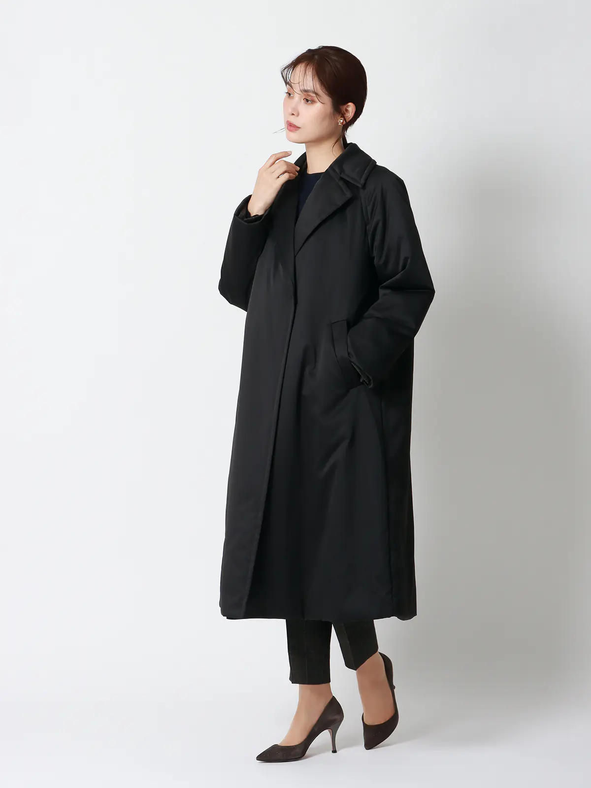 中綿ロングコート／マットポリエステル／無地 ブラック 36(7号）