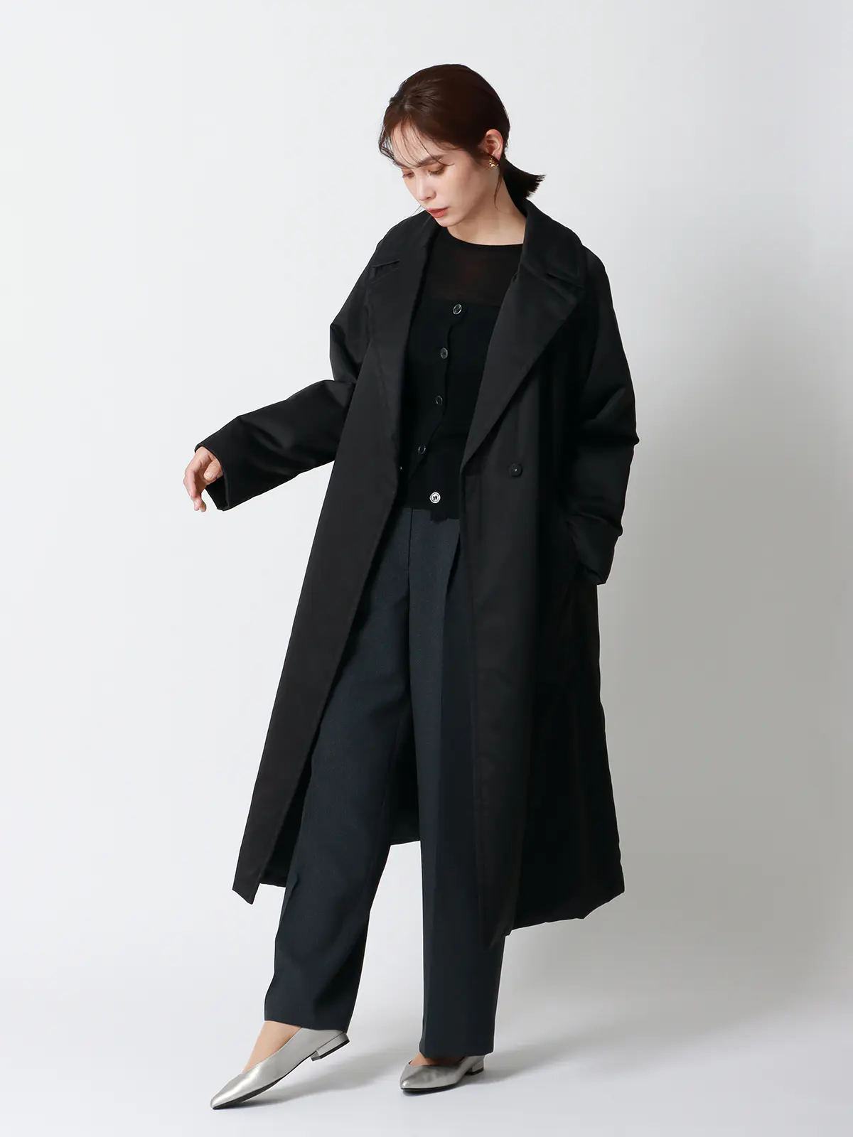 中綿ロングコート／マットポリエステル／無地 ブラック 36(7号）