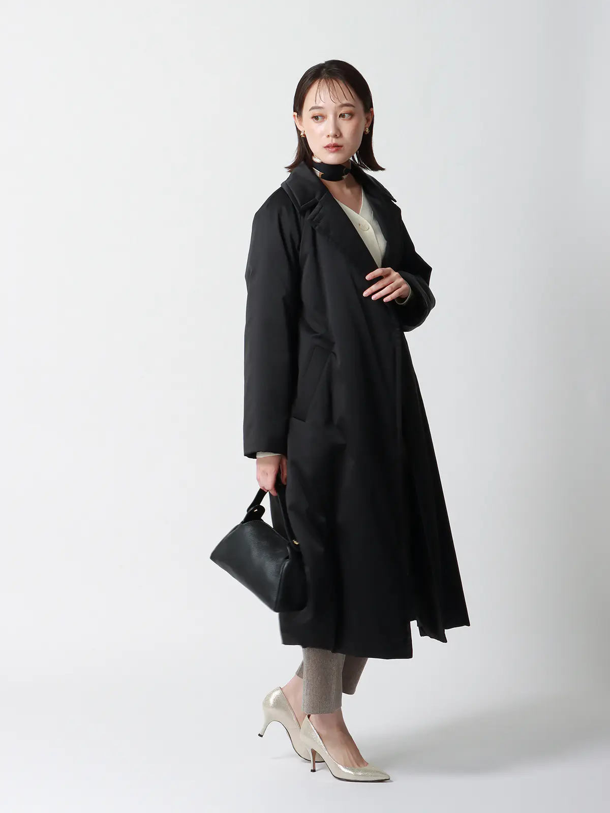 中綿ロングコート／マットポリエステル／無地 ブラック 36(7号）