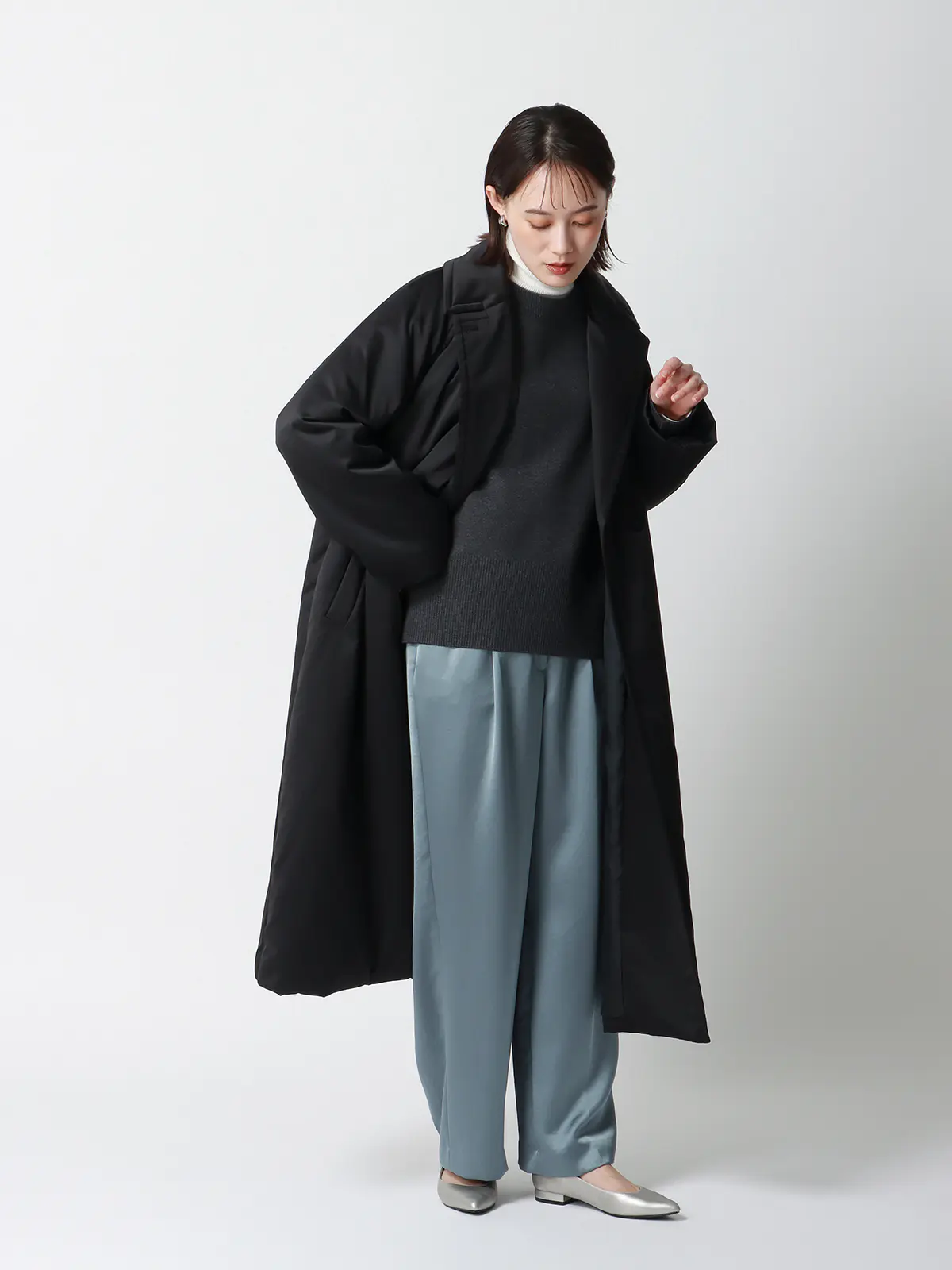 中綿ロングコート／マットポリエステル／無地 ブラック 36(7号）