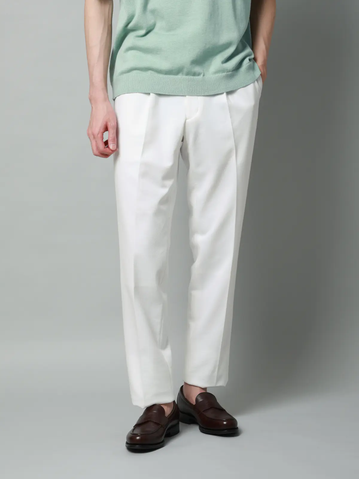 タックテーパードパンツ／ストレッチ／RENU／モクロディジャージー／無地／CR11-S ホワイト S