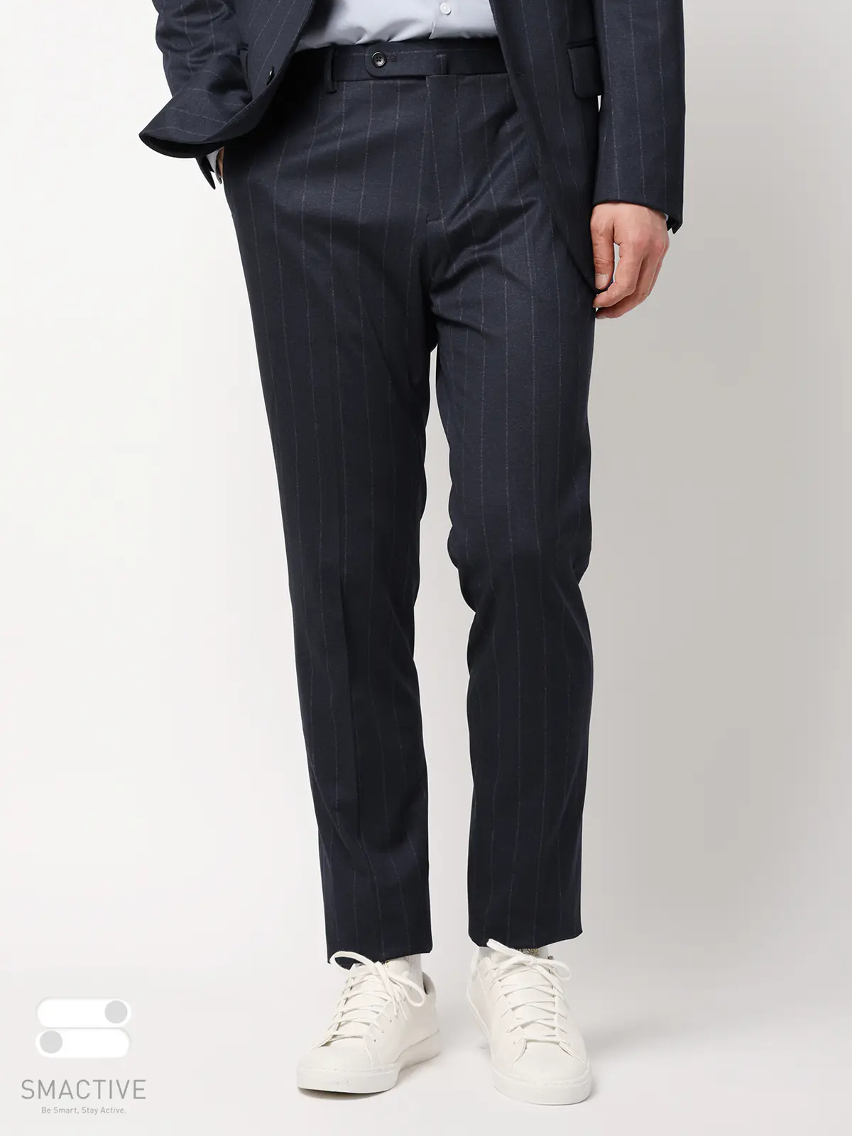 SMACTIVE／テーパードパンツ／ウォッシャブル／ストレッチ／TRジャージー／ストライプ／SL02 ネイビー SS