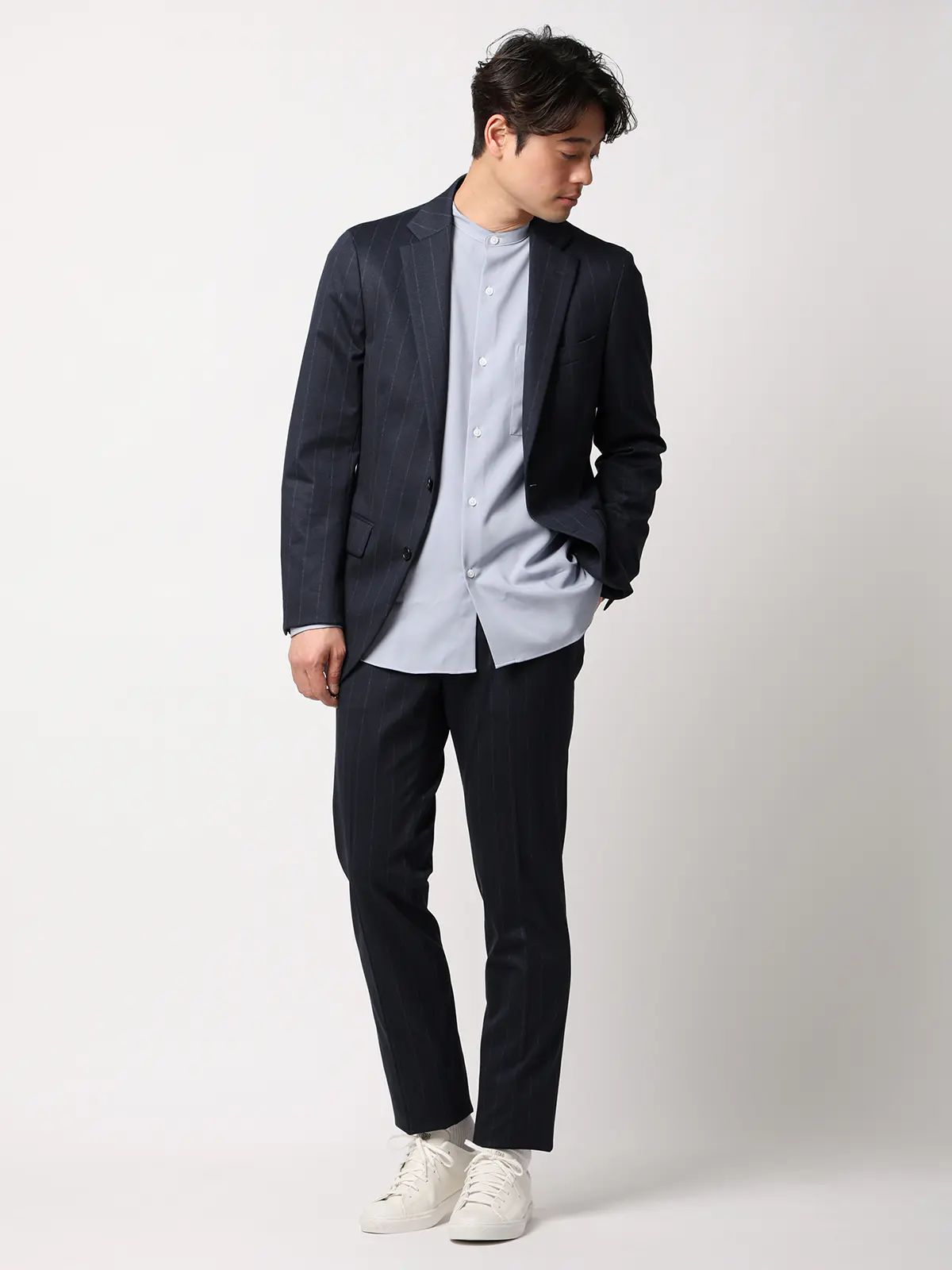 SMACTIVE／テーパードパンツ／ウォッシャブル／ストレッチ／TRジャージー／ストライプ／SL02 ネイビー SS