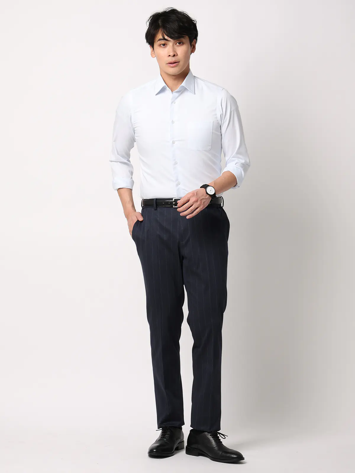 SMACTIVE／テーパードパンツ／ウォッシャブル／ストレッチ／TRジャージー／ストライプ／SL02 ネイビー SS