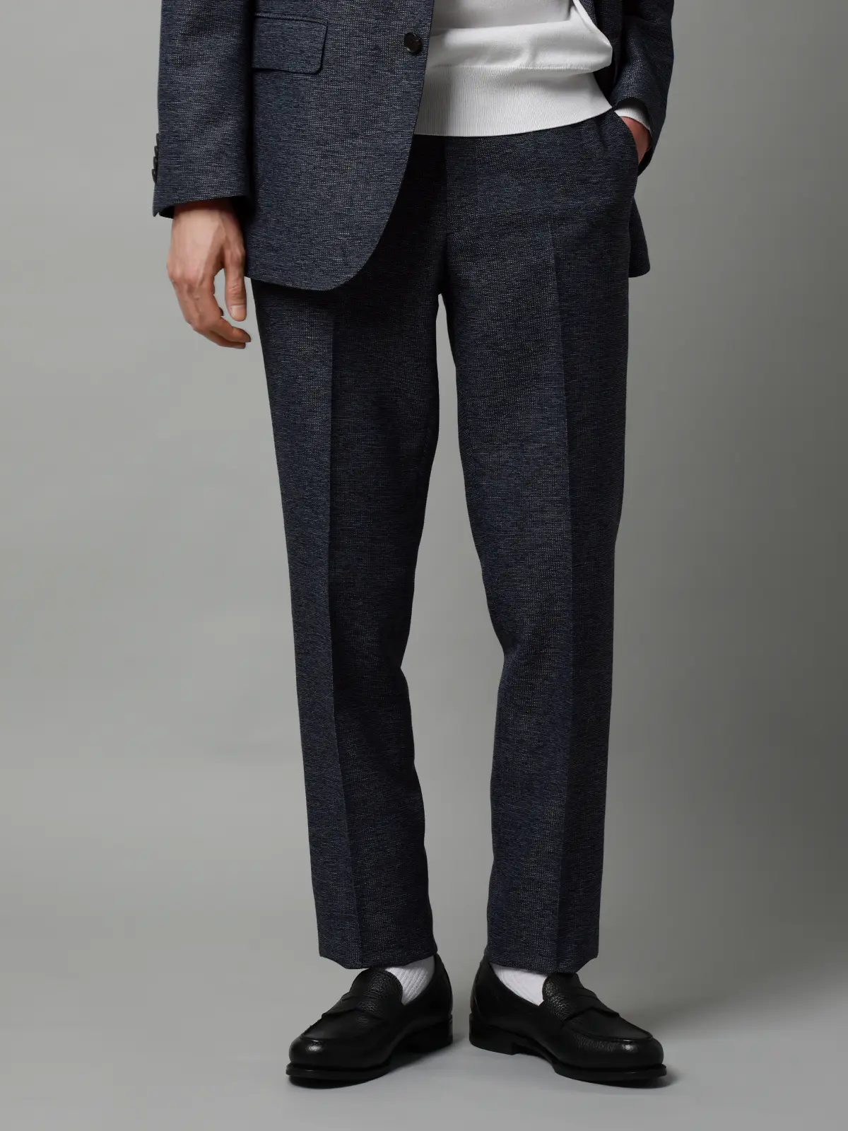 テーパードパンツ／ウォッシャブル／ストレッチ／コットンウールブレンド／織柄／TM02-S ブルー S