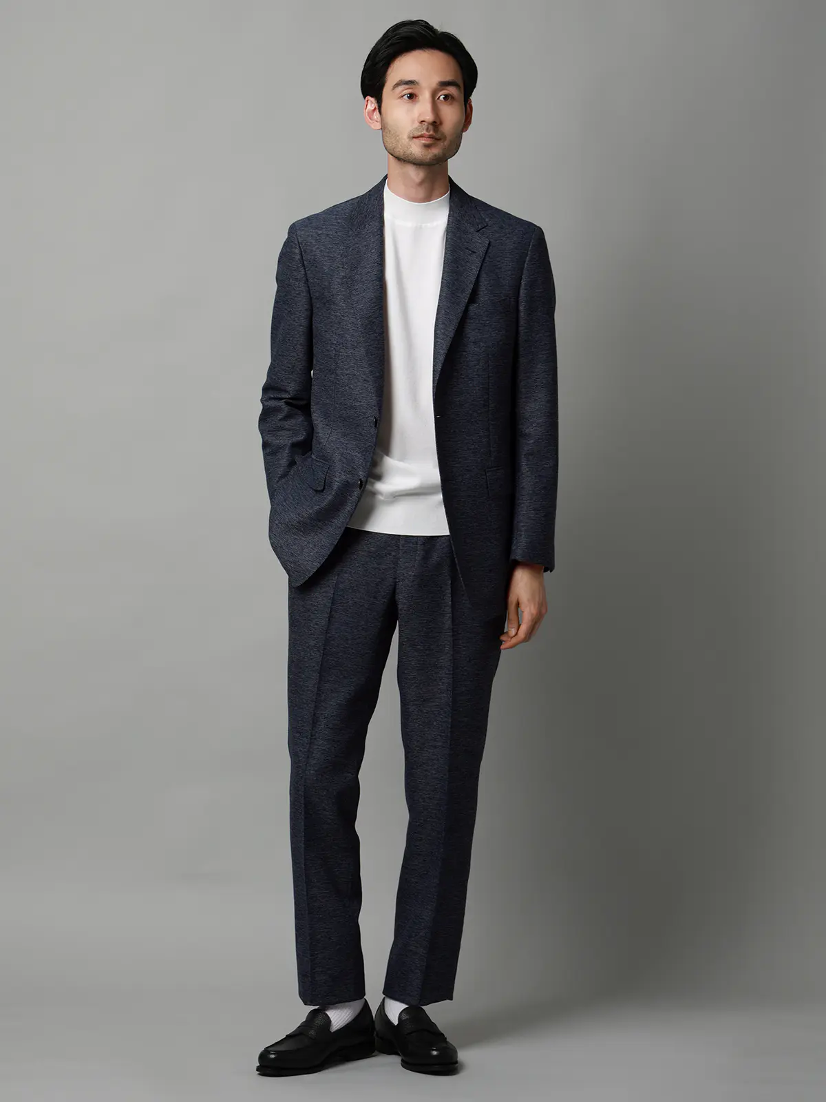 テーパードパンツ／ウォッシャブル／ストレッチ／コットンウールブレンド／織柄／TM02-S ブルー S