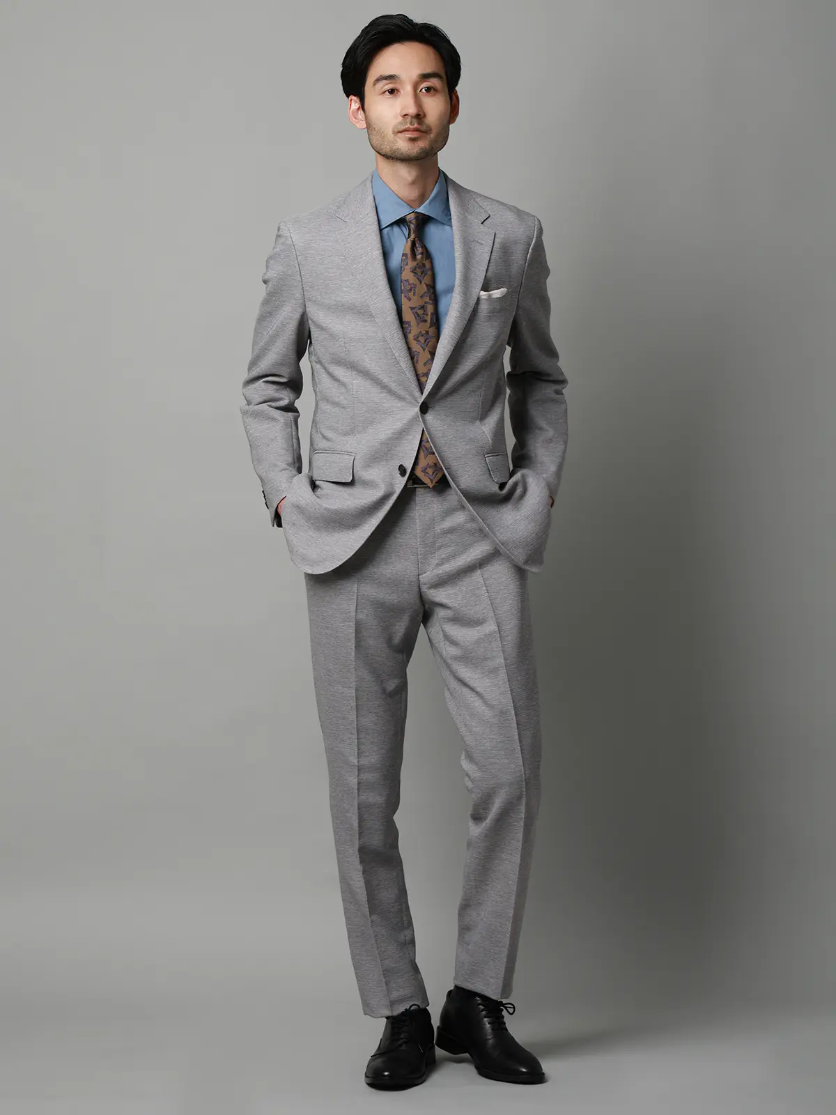 テーパードパンツ／ウォッシャブル／ストレッチ／コットンウールブレンド／織柄／TM02-S ライトグレー S