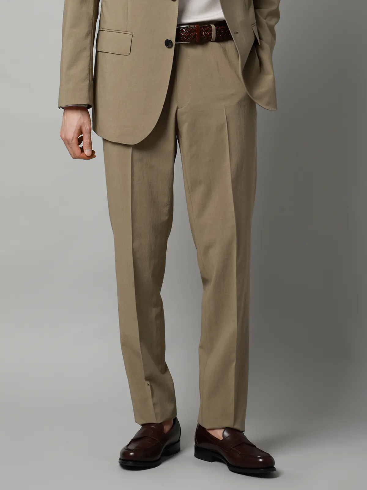 テーパードパンツ／ウォッシャブル／ストレッチ／接触冷感／リネンライクポリエステル／無地／TM02-S ベージュ S