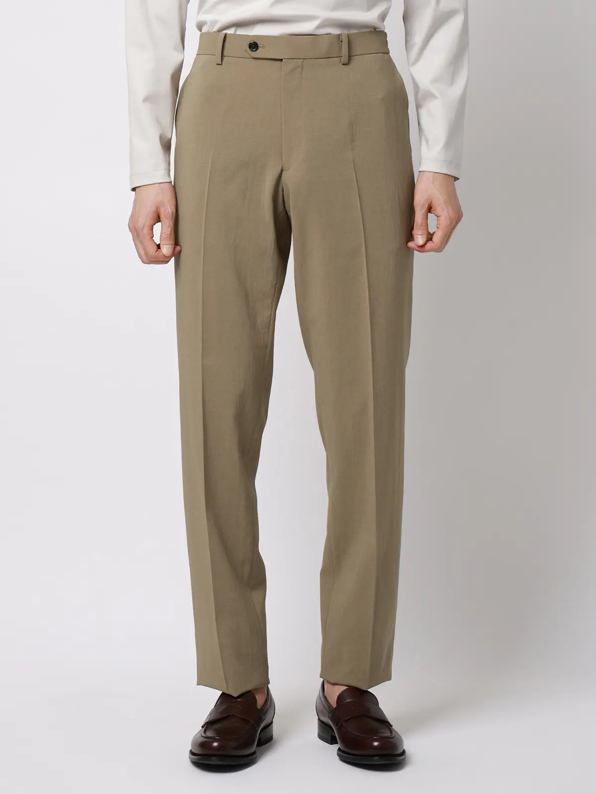 テーパードパンツ／ウォッシャブル／ストレッチ／接触冷感／リネンライクポリエステル／無地／TM02-S ベージュ S