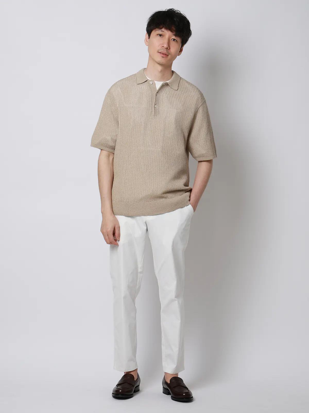 FLAT/テーパードパンツ/ウォッシャブル/ストレッチ/速乾/シルキーツイル/無地/裾上げ済み ホワイト S