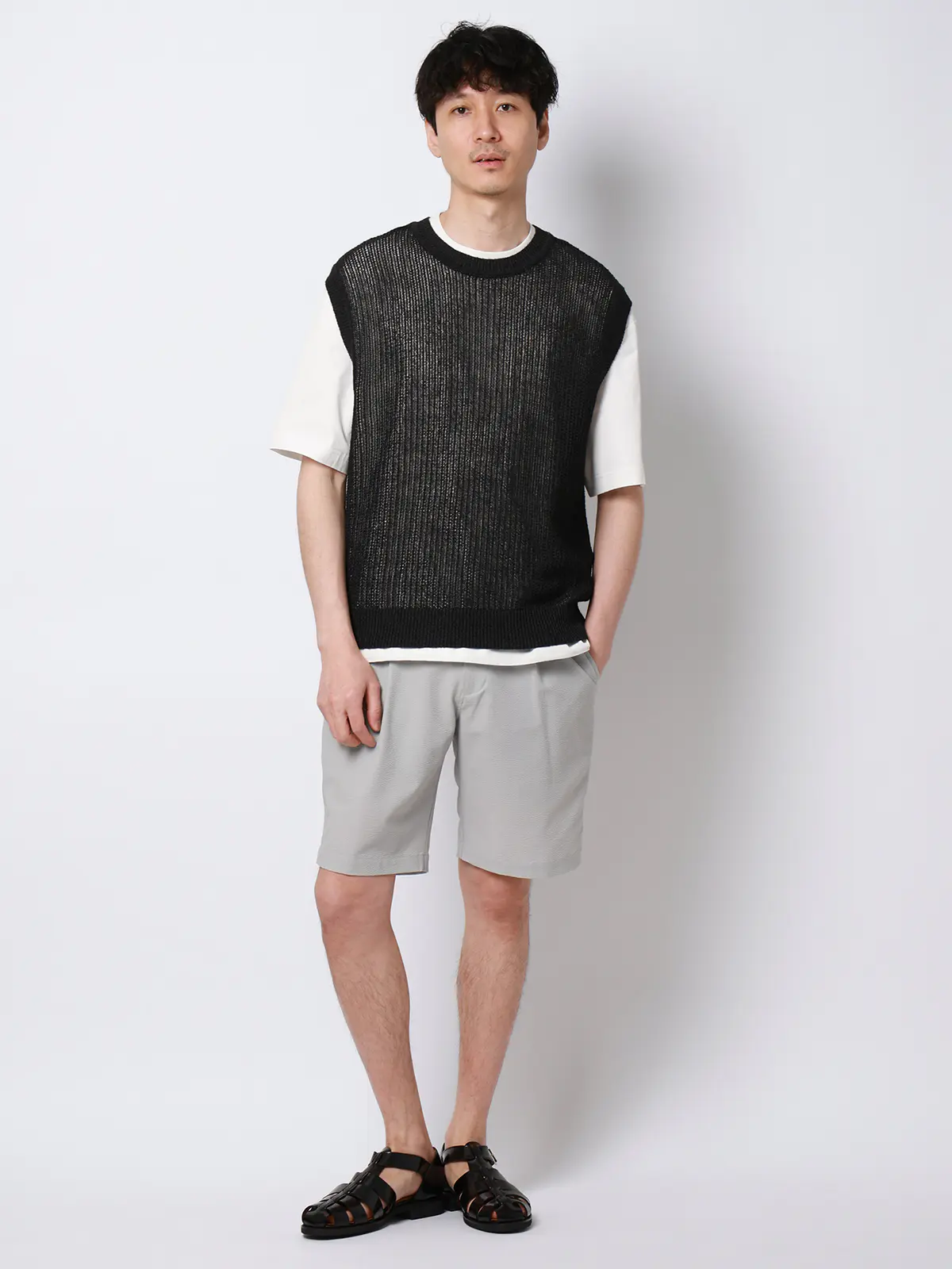 FLAT/タックハーフパンツ/ウォッシャブル/ストレッチ/ドライシアサッカー/無地/裾上げ済み ライトグレー M