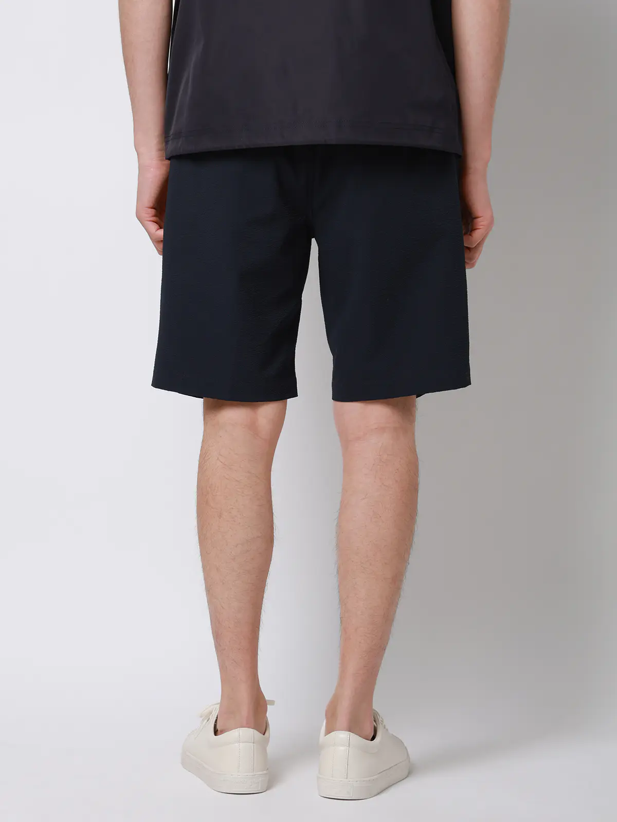 FLAT/タックハーフパンツ/ウォッシャブル/ストレッチ/ドライシアサッカー/無地/裾上げ済み ネイビー M