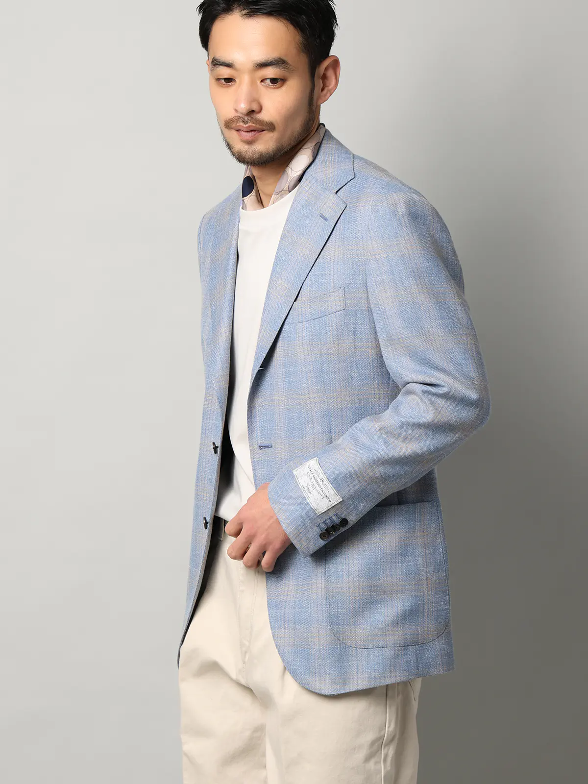 ジャケット／CANONICO／Vintage／ウールシルクリネン／オーバーチェック／TR27 サックス 体型（DROP):普通　6DROP(A体),身長:180cm