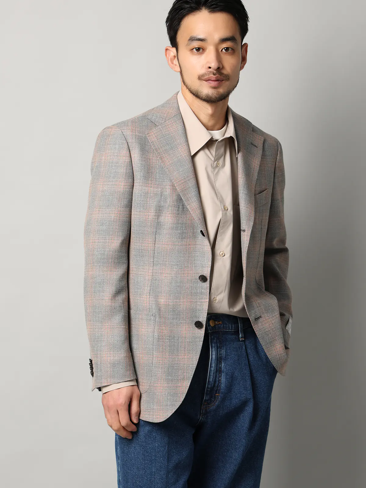 ジャケット／CANONICO／Vintage／ウールシルクリネン／オーバーチェック／TR27 ライトグレー 体型（DROP):普通　6DROP(A体),身長:160cm