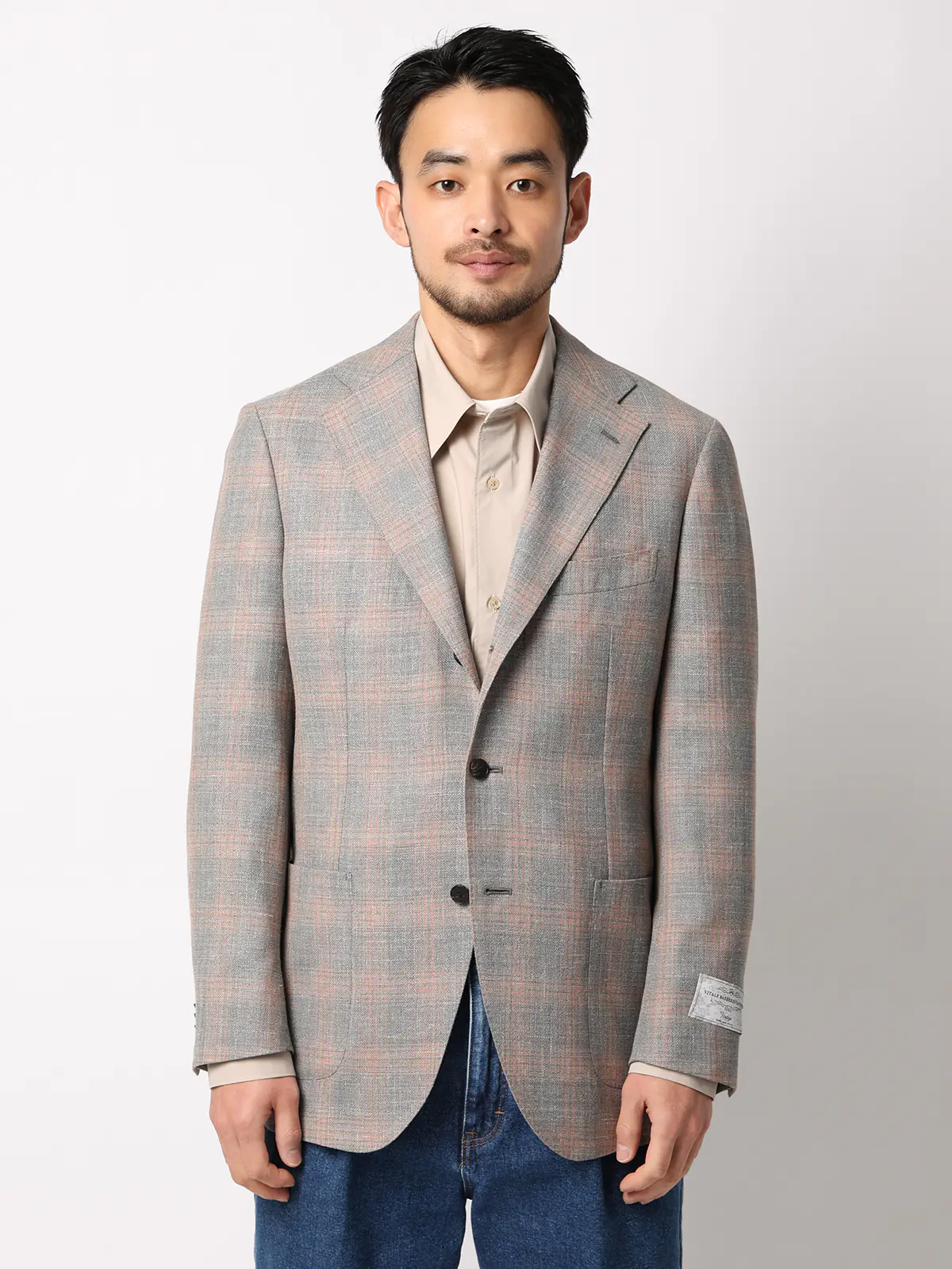 ジャケット／CANONICO／Vintage／ウールシルクリネン／オーバーチェック／TR27 ライトグレー 体型（DROP):普通　6DROP(A体),身長:160cm