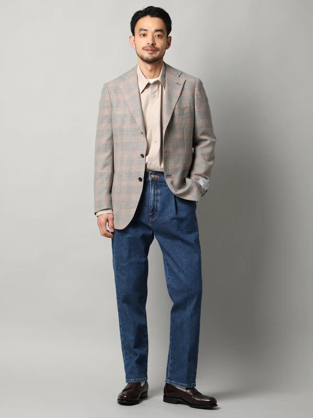 ジャケット／CANONICO／Vintage／ウールシルクリネン／オーバーチェック／TR27 ライトグレー 体型（DROP):普通　6DROP(A体),身長:160cm