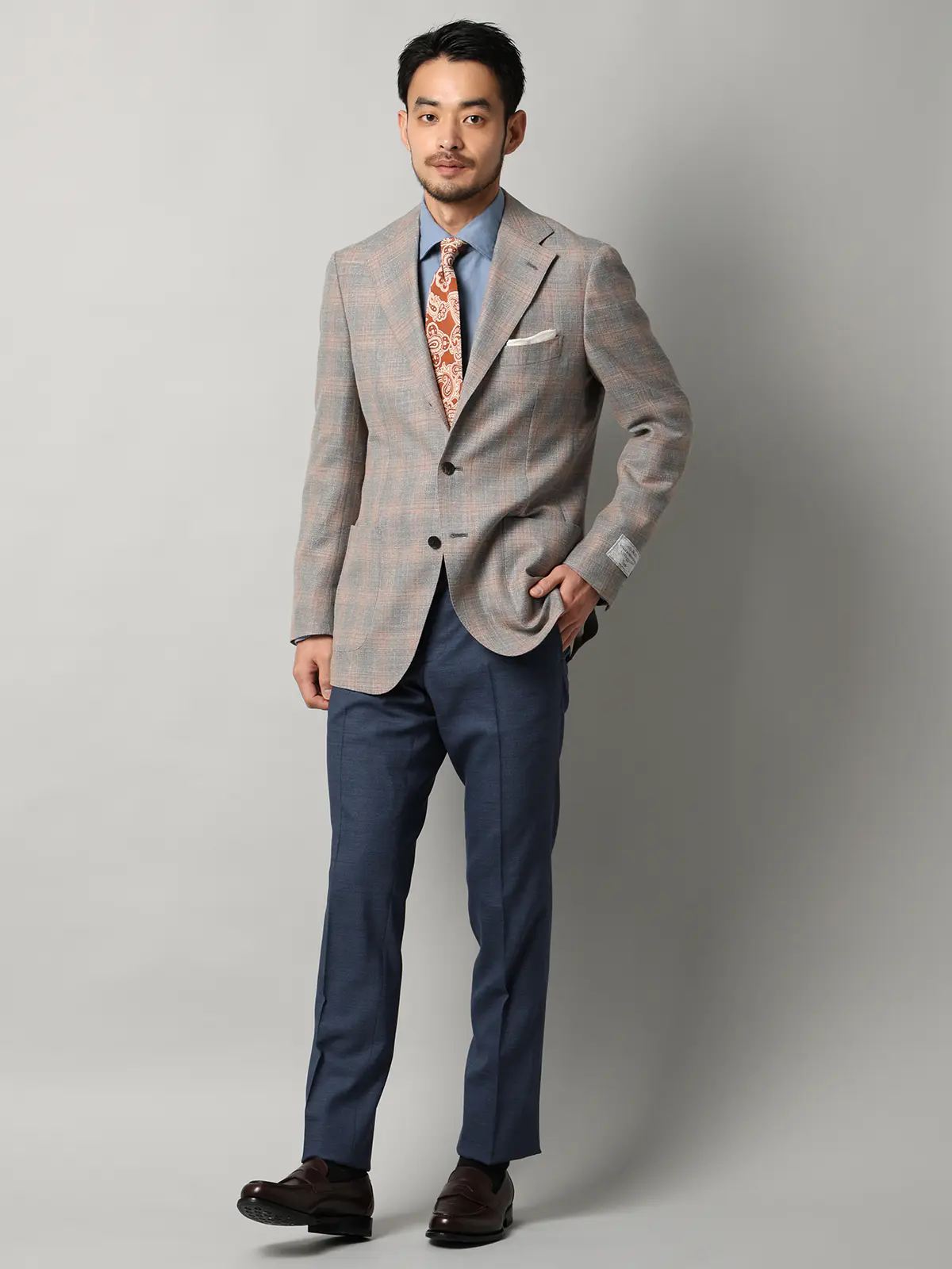 ジャケット／CANONICO／Vintage／ウールシルクリネン／オーバーチェック／TR27 ライトグレー 体型（DROP):普通　6DROP(A体),身長:160cm