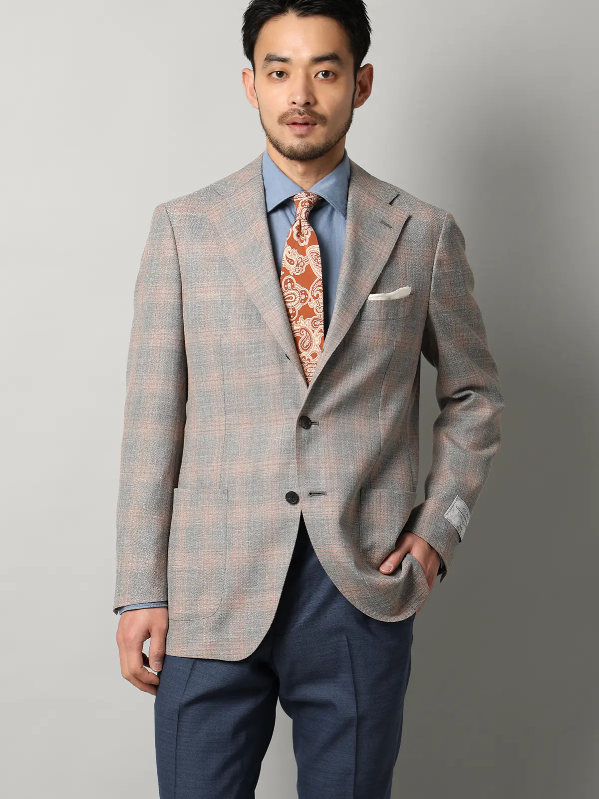 ジャケット／CANONICO／Vintage／ウールシルクリネン／オーバーチェック／TR27 ライトグレー 体型（DROP):普通　6DROP(A体),身長:160cm