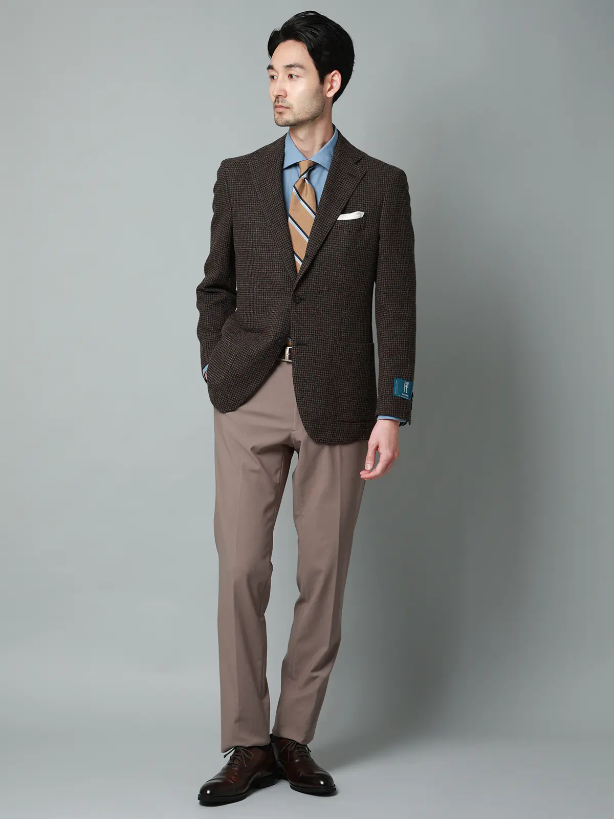 ジャケット／尾州／コットンウール／リングメッシュ／ハウンドトゥース／TR27 ブラウン 体型（DROP):普通　6DROP(A体),身長:165cm