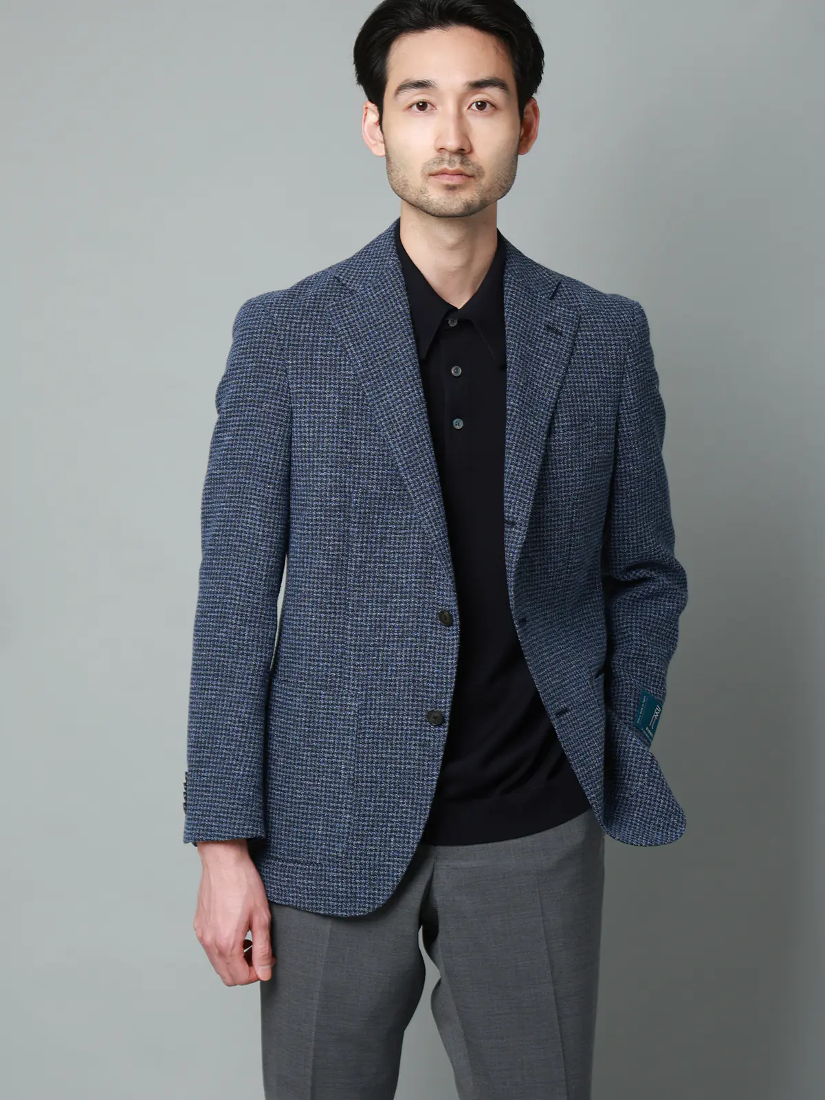 ジャケット／尾州／コットンウール／リングメッシュ／ハウンドトゥース／TR27 ネイビー 体型（DROP):普通　6DROP(A体),身長:165cm