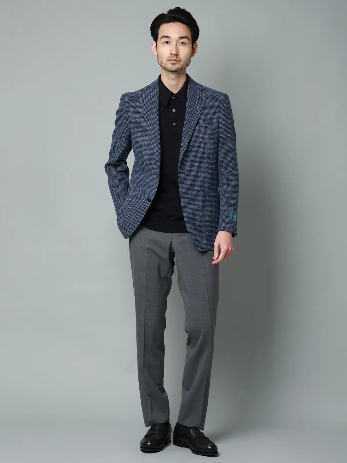 ジャケット／尾州／コットンウール／リングメッシュ／ハウンドトゥース／TR27 ネイビー 体型（DROP):普通　6DROP(A体),身長:165cm