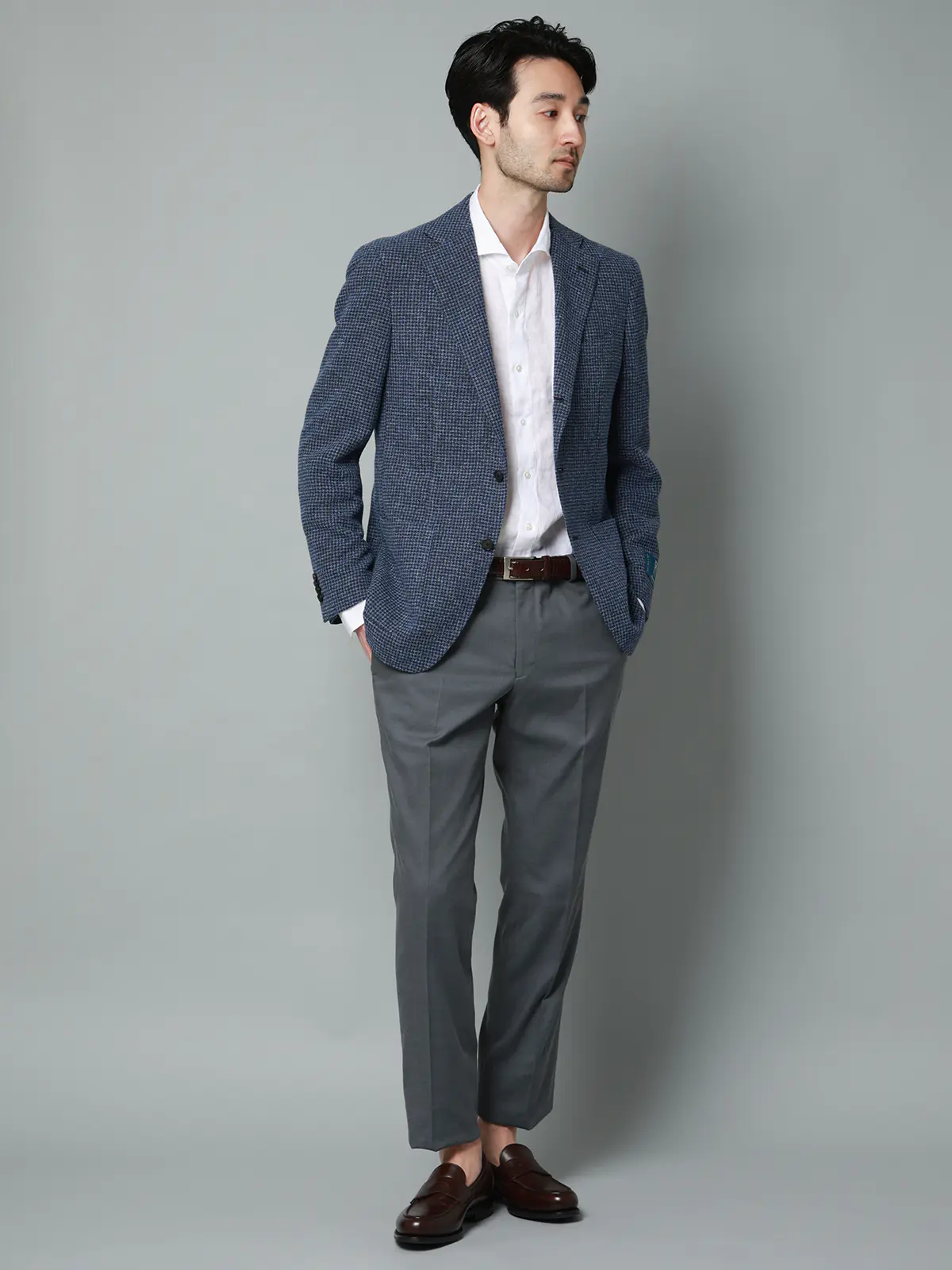 ジャケット／尾州／コットンウール／リングメッシュ／ハウンドトゥース／TR27 ネイビー 体型（DROP):普通　6DROP(A体),身長:165cm