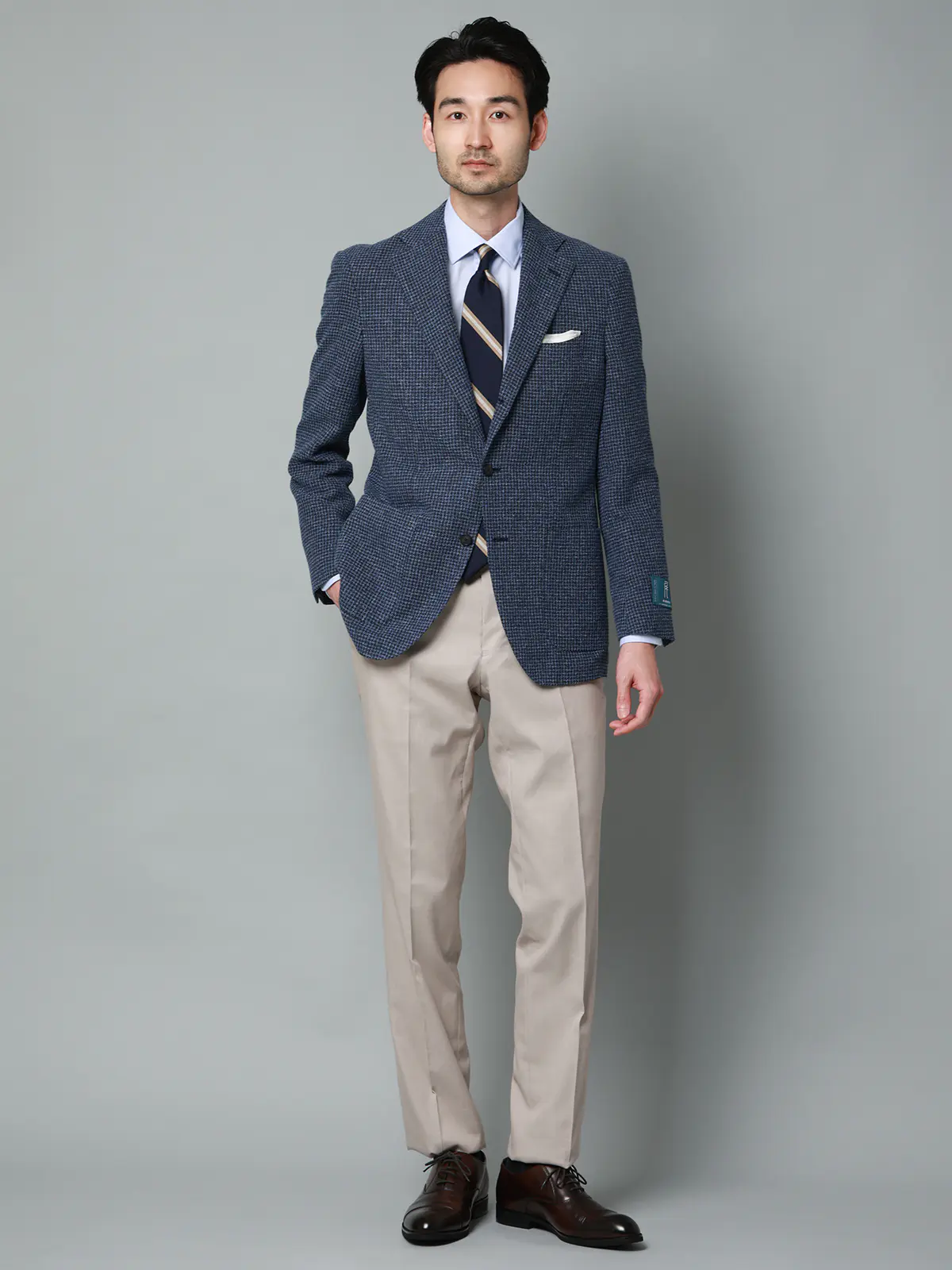 ジャケット／尾州／コットンウール／リングメッシュ／ハウンドトゥース／TR27 ネイビー 体型（DROP):普通　6DROP(A体),身長:165cm