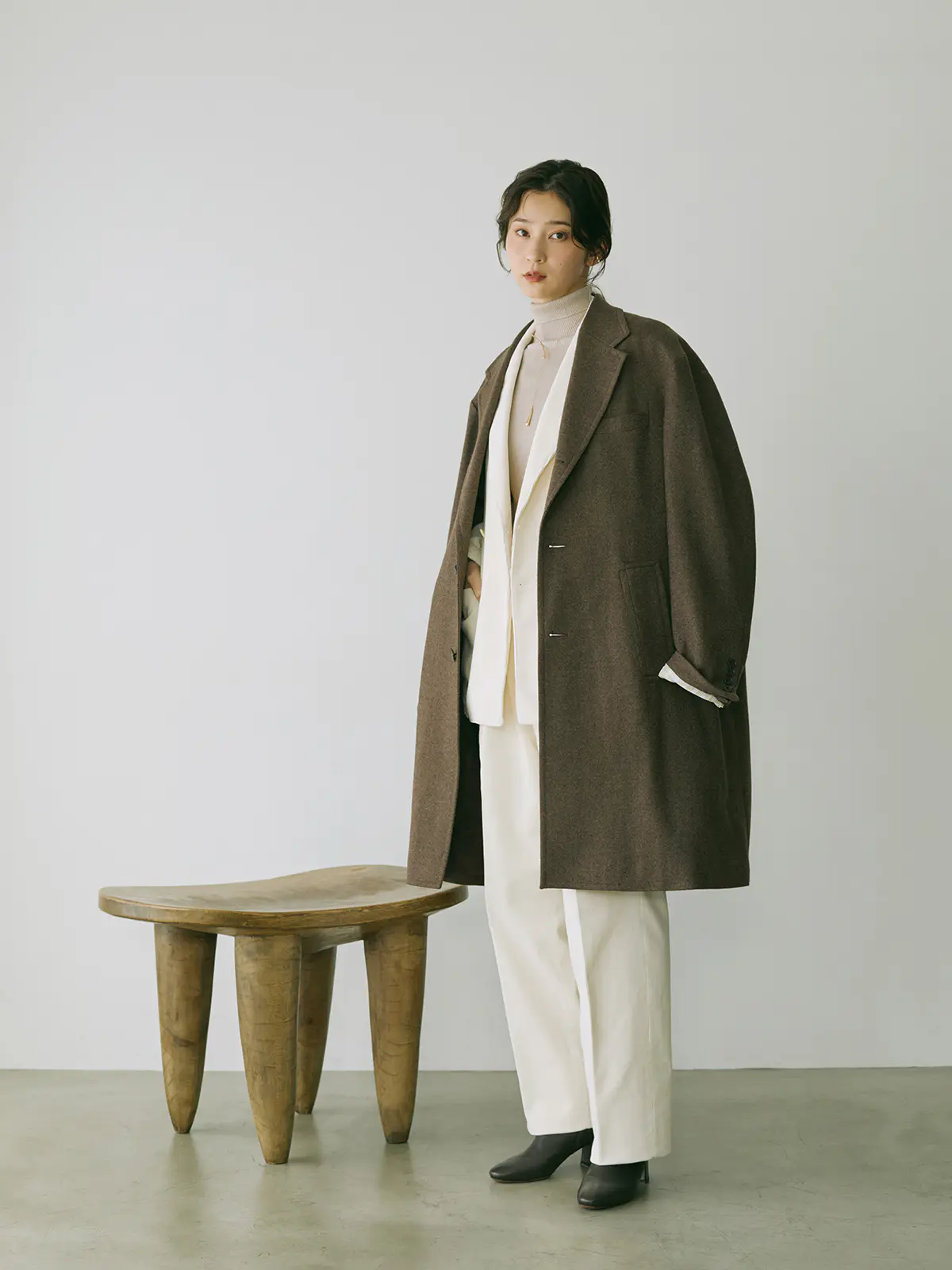 【9月下旬発売予定】GOOVI／シングルチェスターコート／ウールカシミヤ／ソフトツイード ブラウン系 0