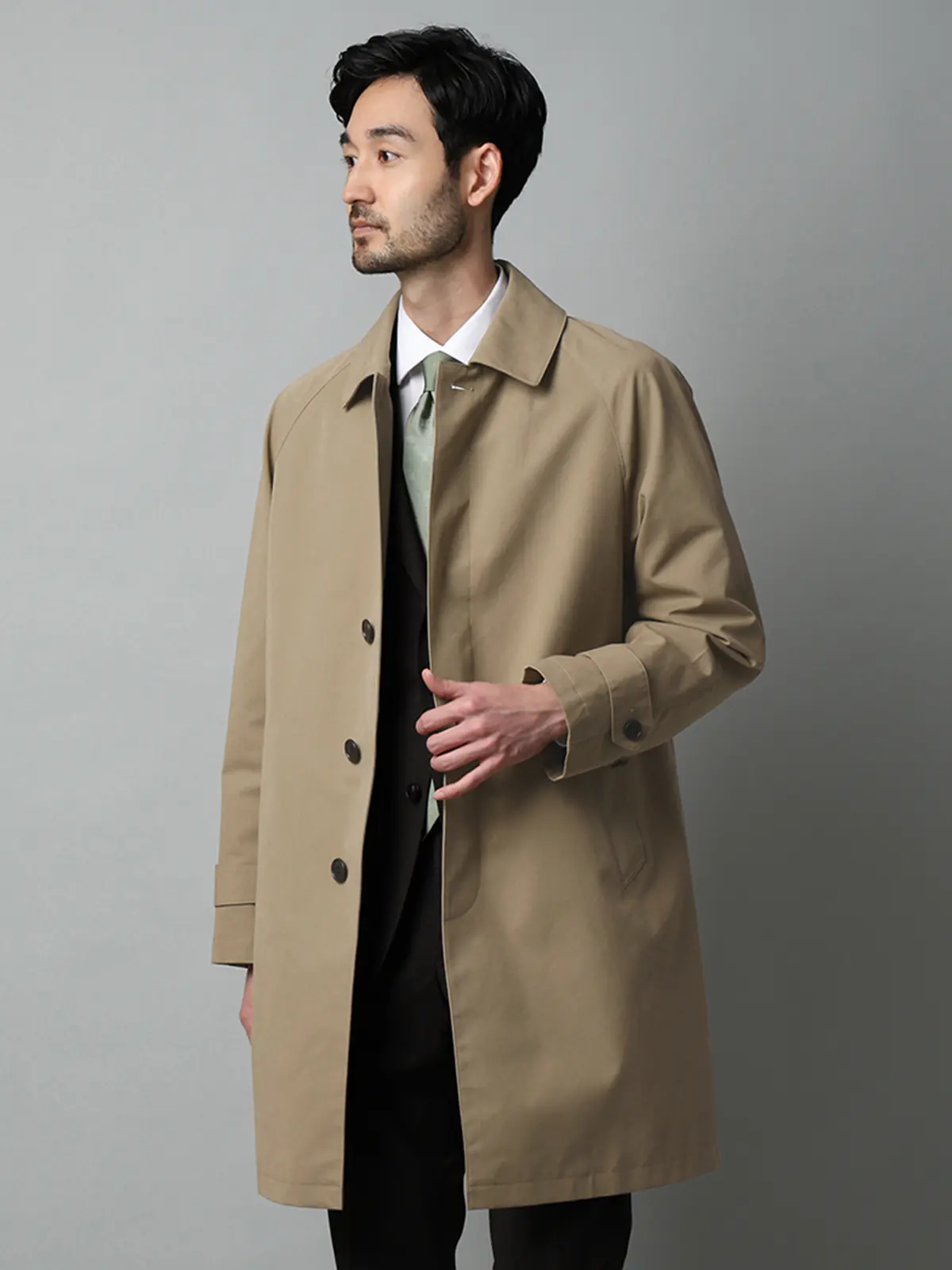 ステンカラーコート/コットンシャンブレー/ピーチスキン/無地 ベージュ S